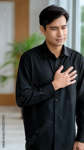 Distressed adult man wearing black shirt experiencing chest pain inside a modern home, clutching his chest, looking unwell