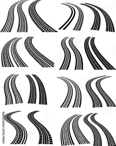 Tire tread marks after skidding, launch, drift, powerslide in motorsport, rally, off-road, motocross. Wheel texture with splash effect. Vector, EPS 10 version.