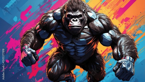 Angry muscular gorilla with red glowing eyes showing fists in aggressive pose, powerful ape warrior with red geometric background and blood splashes, fierce primate mascot