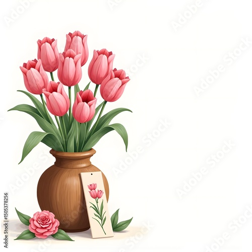 Summer Serenity: Fragrant Pink Tulips in Wooden Urn Vase with Pressed Flower Bookmark Greeting Card