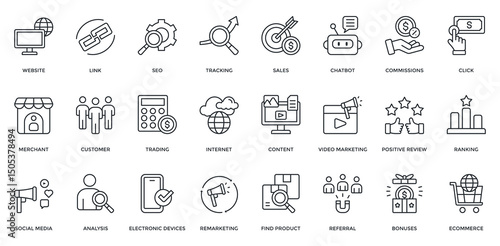 Affiliate Marketing icon Set. Containing website, link, SEO, tracking, sales, merchant, customer, social media, commissions, referral. Outline style