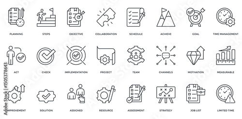 Action Plan icon  set. Containing planning, objective, implementation, team, improvement, strategy. Outline style