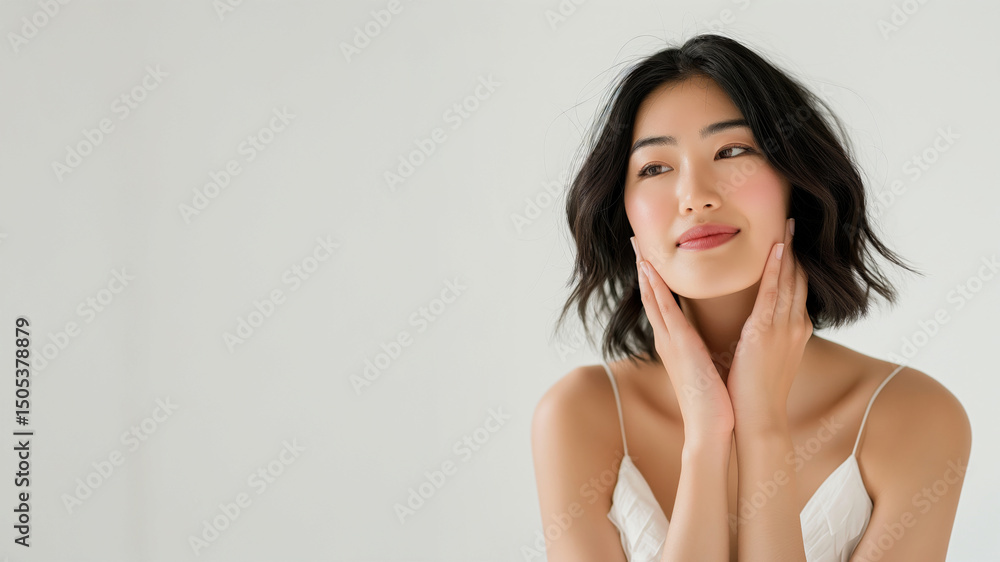 Fototapeta premium Woman smiling gently with hands on face. Natural beauty and self-love concept.