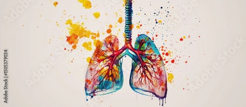 Vibrant watercolor illustration of human lungs and respiratory system anatomy