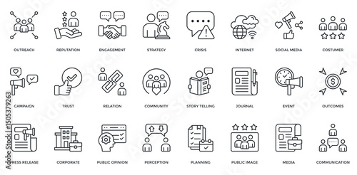 Public Relation icon set. Containing outreach, reputation, strategy, trust, relation, community, communication. Outline style