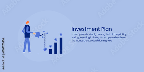 Businessman watering investment with coins for financial growth and success.