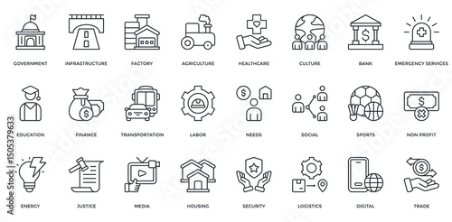 Sector of Society icon set. Containing government, infrastructure, factory, agriculture, healthcare, education, transportation. Outline style