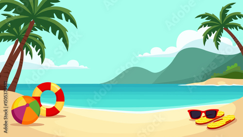 Vector landscape of a tropical beach with colorful lifebuoy, beach ball, flip-flops, and sunglasses under palm trees