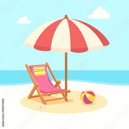 Colorful summer illustration featuring a red and white beach umbrella, a pink deck chair, and a beach ball on a sandy beach by the sea under a blue sky