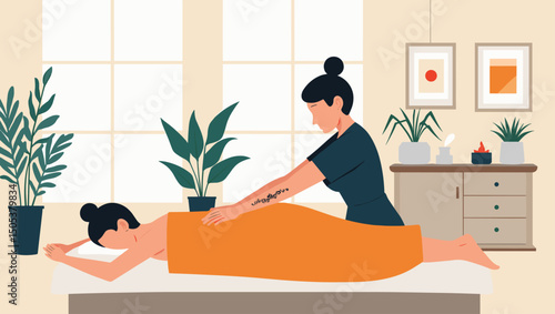 A massage therapist gives a relaxing back massage to a woman lying on a massage table in a peaceful spa room
