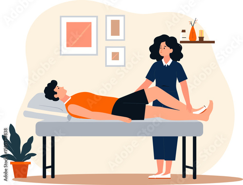 A physiotherapist performs a rehabilitation leg exercise on a male patient in a modern treatment room