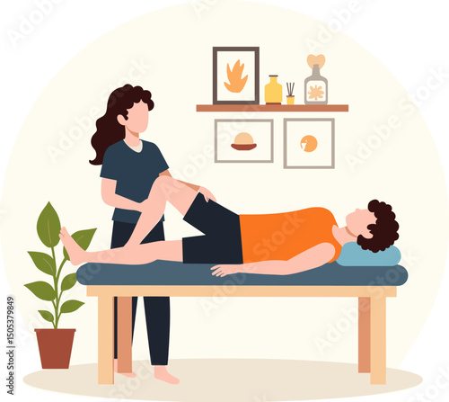 Vector illustration of a physiotherapy session where a female therapist assists a male patient by stretching his leg on a therapy table in a wellness center.
