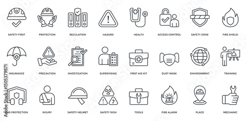 Work Safety icon set. Containing safety first, protection, regulation, hazard, health, insurance, first aid kit. Outline style