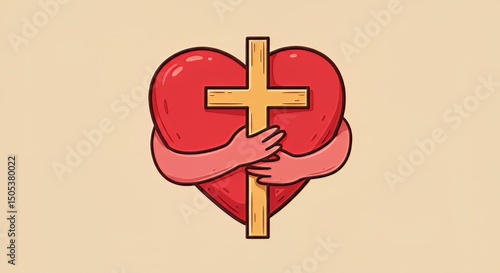 A cartoon illustration of a red heart being embraced by arms holding a wooden christian cross symbol