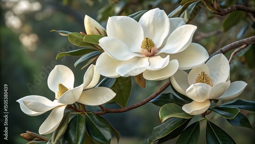 Fototapeta Naklejka Na Ścianę i Meble -  Close-up of beautiful white magnolia flowers in full bloom with lush green leaves.