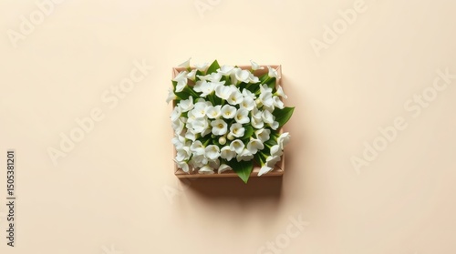 Elegant White Flowers in a Square Box, Top View