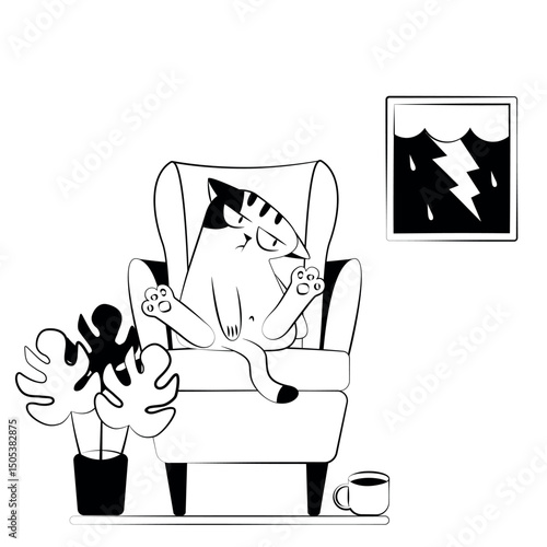 Black and white sketch of a sad funny cat in a chair