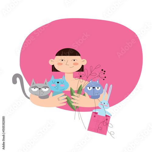Funny cats and happy girl. Animal love concept