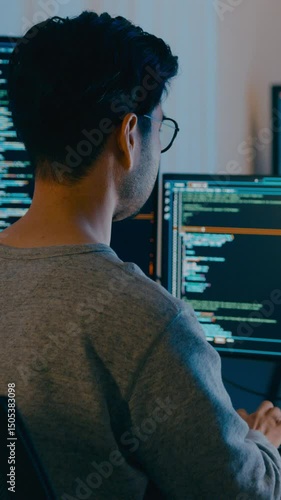 Vertical Screen : Group Adult Asia male freelance typing write prompt AI bot IT app smart program nomad, video game, terminal with coding language, big data center on desktop computer in night office.