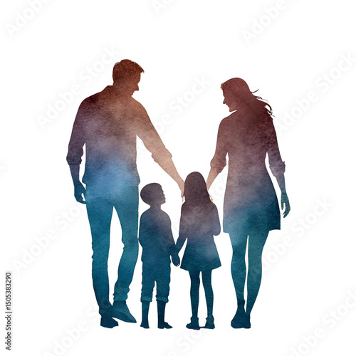 Watercolor silhouette of a family holding hands depicting love and togetherness concept