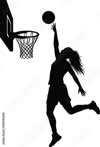 Basketball dunk silhouette of athletic woman jumping high