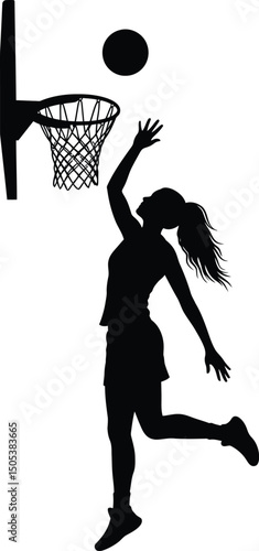 Girl basketball player slamming ball into hoop in silhouette