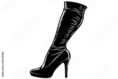 Elegant Black High-Heeled Boots Illustration, boots, high-heeled, black, fashion, knee, aesthetic, minimalist, glossy, picture, monochrome, trend, ink, sexy, glamour, clip, sketch, stylish, artwork