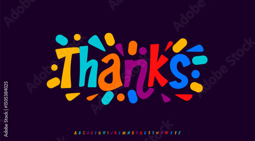 Thanks for subscribers, festive cartoon text with colorful confetti splash. Joyful playful typography for greeting card, headline, kids party or celebration. Vector illustration.