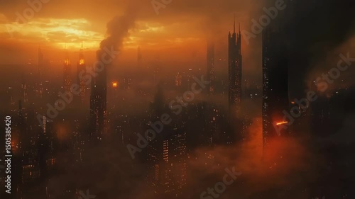 A dystopian city skyline filled with dark smoke rising