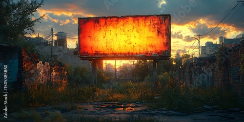 Weathered billboard mockup glowing orange at dramatic sunset

