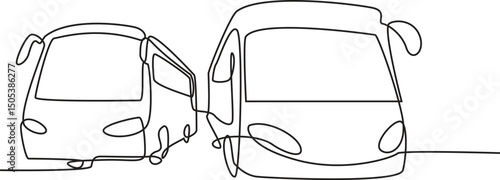 One continuous line drawing of bus station activity vector illustration. Land transportation design in simple linear style concept. driver and tourist activity in the bus station Editable Stroke. 