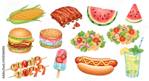 Illustrated Barbecue Spread on Transparent Background