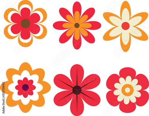 Retro 70s groovy  flowers icon set in orange, red and white. For clip art, stickers and scrapbooking.