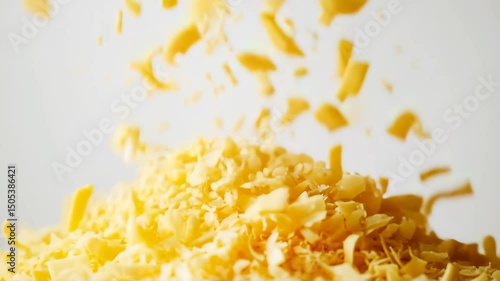 Finely grated cheese falling in midair