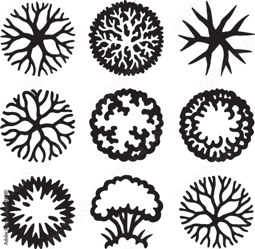 top view tree silhouette set vector art illustration isolated on transparent background.