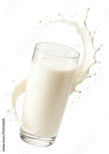 A glass of milk with a dynamic splash effect, showcasing the creamy texture and vibrant motion of the liquid on transparent background.