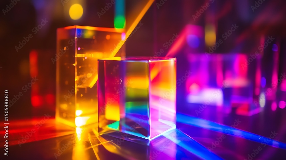 Bright laser light passing through multiple prisms, creating a colorful spectrum in a science lab.
Bright laser light passing through multiple prisms, creating a colorful spectrum in a science lab.