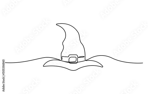 Witch hat one line art. Continuous line drawing of Halloween theme, autumn mood, horrible, performance, fortune teller, gypsy, magic attribute, Halloween costume.
