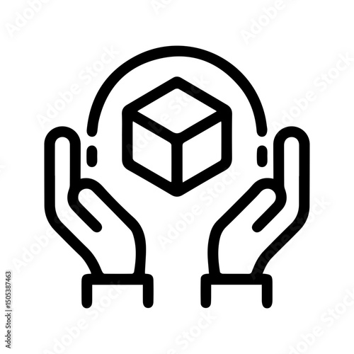 Cube being gently held in two hands (outline style), symbolizing care, protection, and the act of handling something delicate or valuable. Conveys themes of responsibility, support, and importance