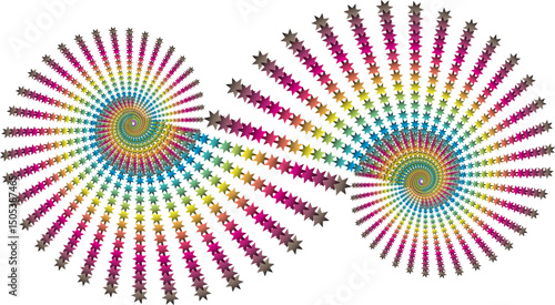 Two symmetrical spirals facing each other, each composed of eight-pointed star-shaped elements. The colors of the stars form a rainbow gradient