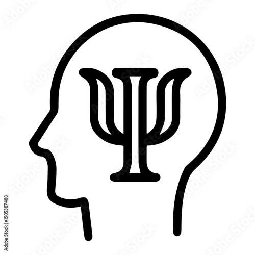 A human head in profile, containing a prominent Psi (Ψ) symbol (outline style). Symbolizes the connection between the human mind and psychology, representing mental health, cognitive functions