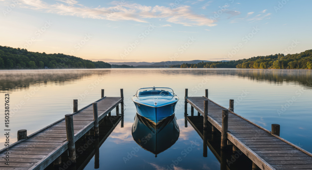 Naklejka premium Peaceful sunrise lake scenery with boat