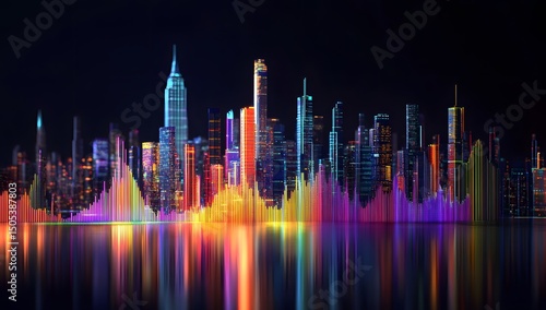 Digital sound spectrum with colorful equalizer bars and a city skyline, representing marketing or radio airwaves in the background.