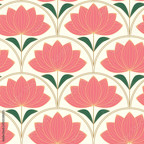 Art Deco Blush Pink Flowers seamless pattern on golden fan shapes. For wallpaper, home décor and fabric