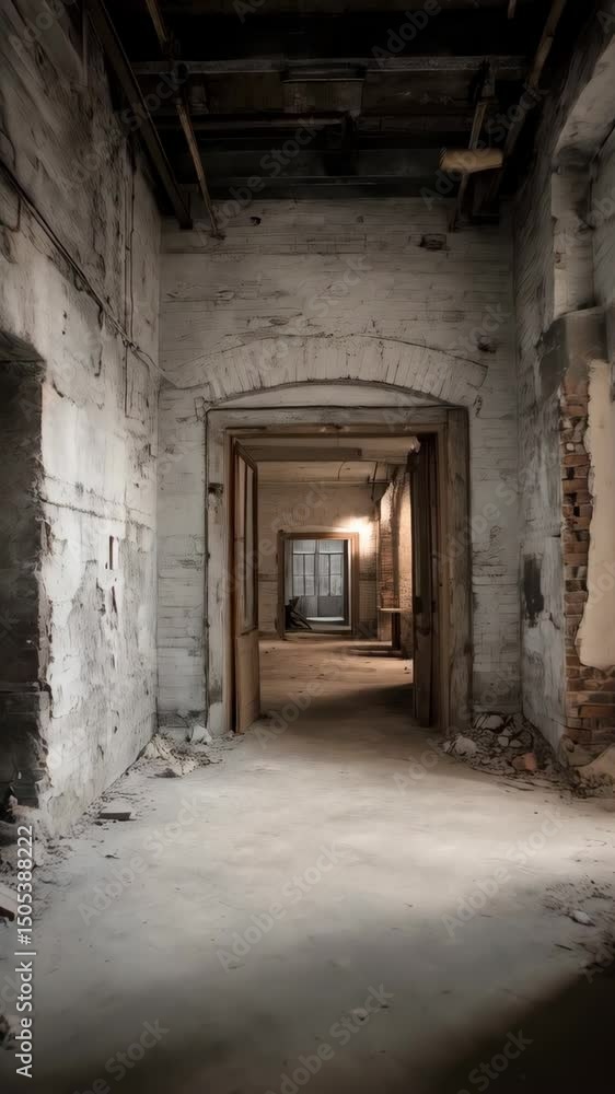 View of a desolate, arched hallway featuring decaying walls, damaged doors and sunlit background, conveying decay and emptiness View of a desolate, arched hallway featuring decaying walls, damaged doors and sunlit background, conveying decay and emptiness