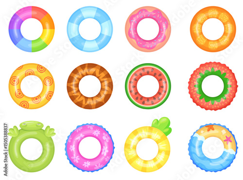 Cartoon swimming rings top view. Inflatable ring float in pool sea beach, rubber buoy rubber circle summer water lifesaver lifebelt tube fruit design set, neat vector illustration
