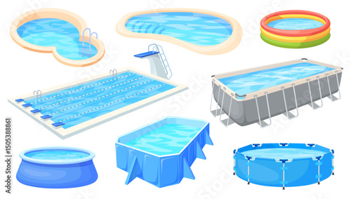 Cartoon inflatable pools. Different swimming pool type for backyard sport olympic kid summer party fitness gum yard patio swim float outdoor beach vacation neat vector illustration