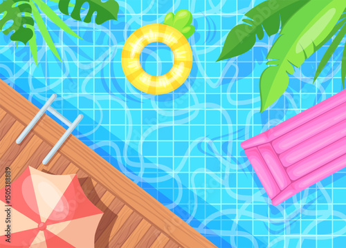 Swimming pool top view background. Cartoon poolside summer vacation sea beach party, inflatable swim ring raft above blue water hotel outdoor summertime neat vector illustration
