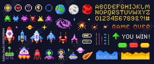 Space arcade interface. Pixel game spaceship invader battle, retro computer videogame ui elements 8 bit vintage gaming machine 80s 90s alien ship planet, swanky vector illustration