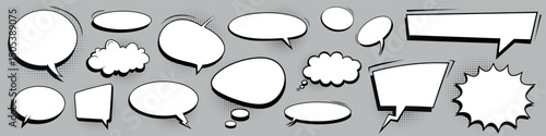 Set of retro empty comic bubbles and elements with black halftone shadows